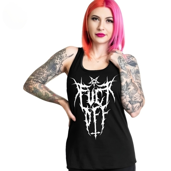 Too Fast ✦ “FŮCK OFF” Racerback Tank ✦ Gothic Punk Black Cotton w/ Metal Graphic - Picture 4 of 7